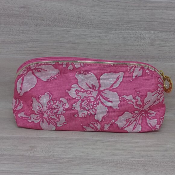 Lilly Pulitzer & Estee Lauder Pink Floral Cosmetic Makeup Bag with Gold Trim - Picture 2 of 12